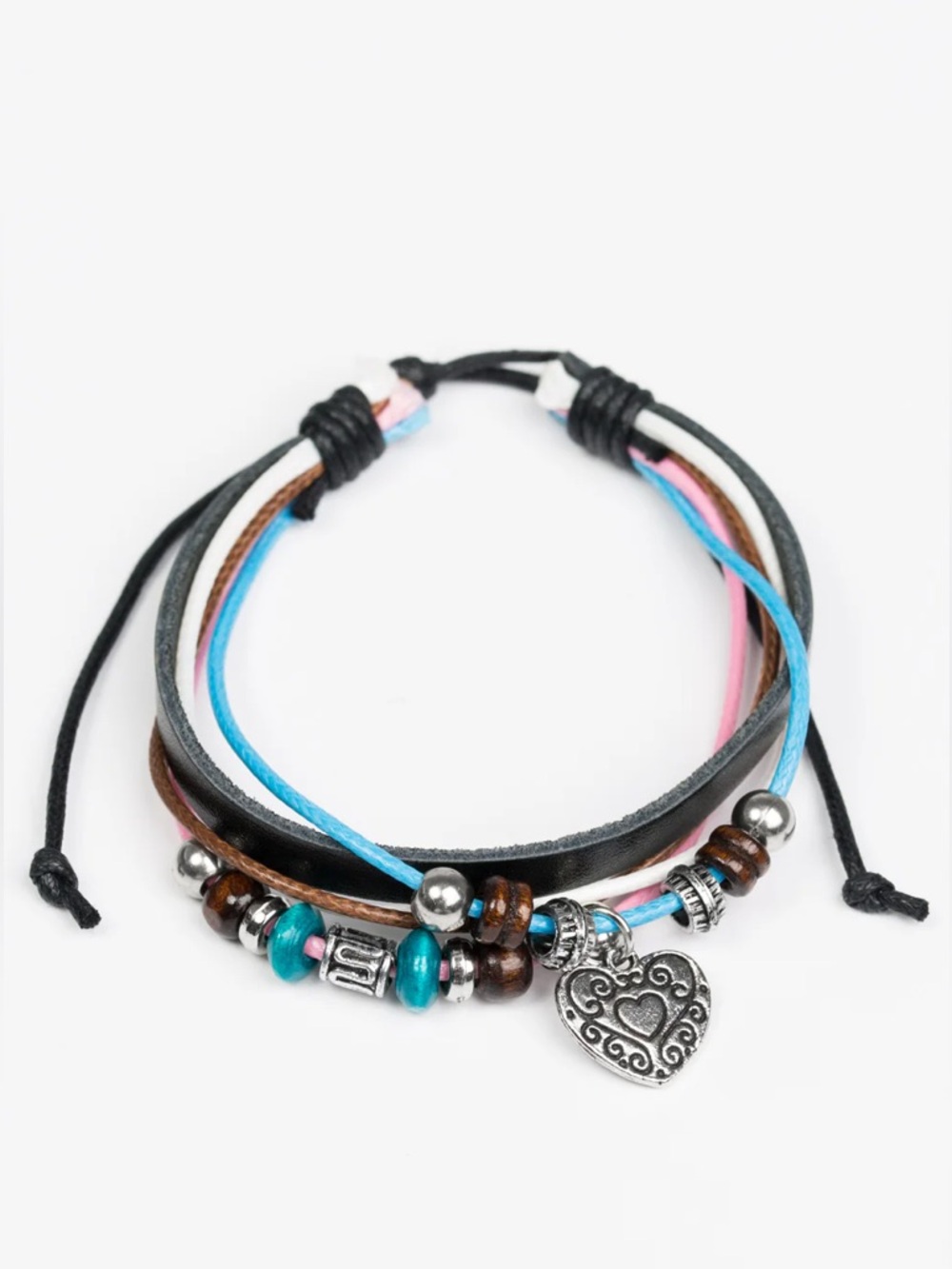 Bohemian Multi-Strand Heart Charm Bracelet - Black, Blue, Pink, Brown